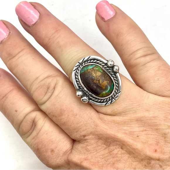Navajo Green Turquoise Ring Size 7 Sterling Silver Vintage - Picture 6 of 6